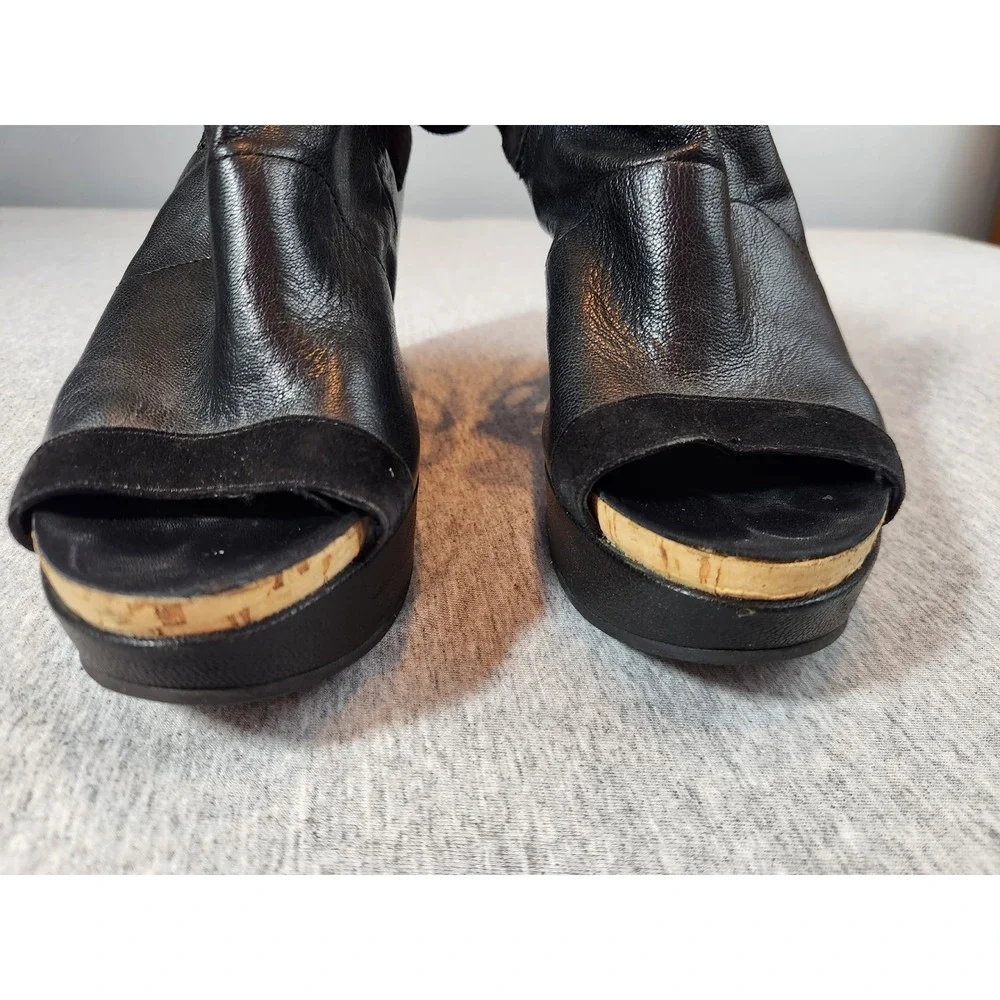 Eileen Fisher Wedge Sandals Womens 8 Black Leather Ruched Platform Slingback